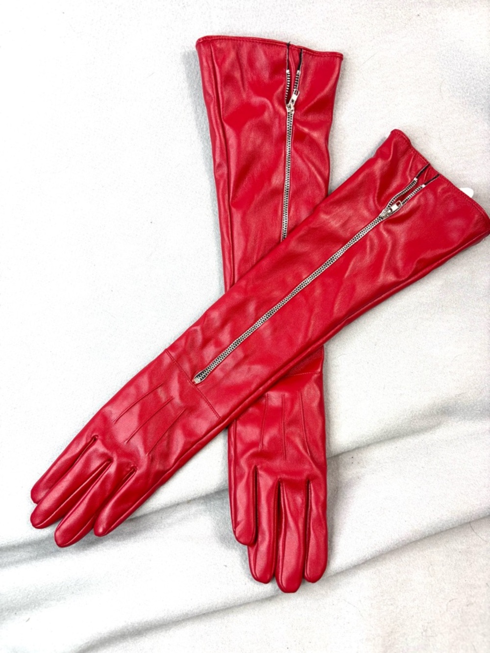 Beautiful Lipstick Red Long Faux Leather Zip Look Elbow Length Gloves